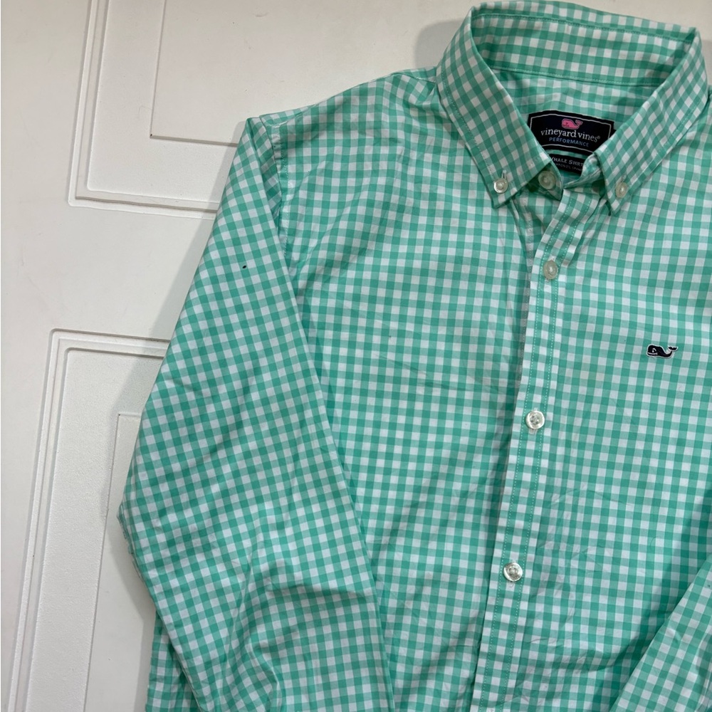 Vineyard Vines Boys Gingham Checked Whale Button Down Green/white Size Large - Picture 2 of 5
